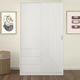 Classic Design High Gloss Sliding Door Wardrobe with 3 Drawers - White