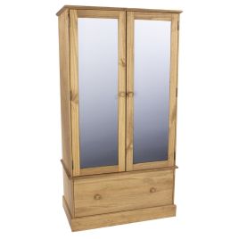 Classic Country Style 2 Door Mirror Wardrobes with Drawer - Pine