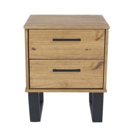 Texas Black Metal Frame 2 Drawer Bedside Table - Antique Waxed Pine