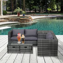 4 Pcs Rattan Table Chair Set With 2 Drawers Coffee Table - Grey