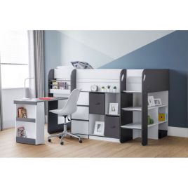 Saturn Kids Bunk Bed With 3 Drawers And Cube Bookcase - Charcoal & White