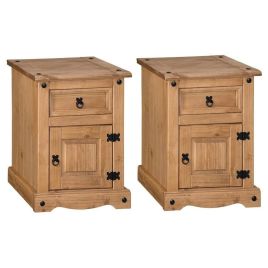 Corona Solid Pine Medium Bedside Table with 1 Door 1 Drawer Set of 2 - Antique Wax