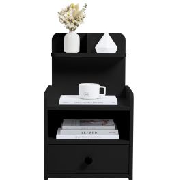 Wooden 1-Drawer Bedside Table Nightstand with a Shelf, Black