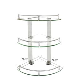 3 Tiers Bathroom Tempered Glass Corner Shelf With Steel Rail Wall Mounted