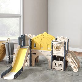 Blue and Yellow  Kids Playset with Slide Basket Hoop Indoor Toddler Playground