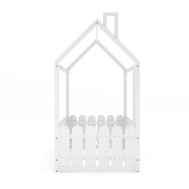 Wooden House Toddler Bed with Fence and Roof White