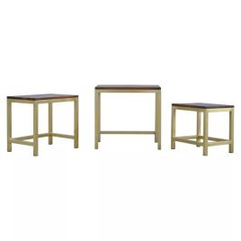 LIPARI Gold Metal Frame Chunky Wooden Top Set of 3 Nest of Stools - Chestnut Top