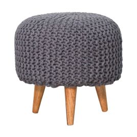 Solid Oak Legs Grey Round Woven Top Footstool