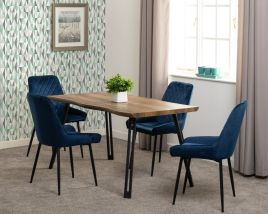 Quebec Wave Edge Dining Set with Avery Chairs - Oak Effect Black Sapphire Blue Velvet