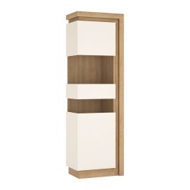Lyon Tall narrow display cabinet (LHD) (including LED lighting) - Riviera Oak/White high gloss