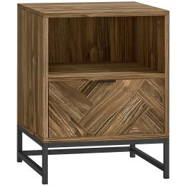 HERON Bedside Table with Drawer and Shelf Side End Table Brown Wood Effect