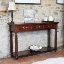 Royston 3 Drawer Console Table with Antiqued Brass Handles - Mahogany Finish