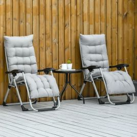 Foldable 2 PCS Zero Gravity Reclining Garden Chair Sun Lounger with Cushion Headrest - Light Grey