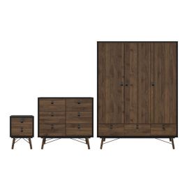 Wardrobe Set - RYTON 3 Door Bedroom Set 3 Piece Matt Black and Walnut 150cm