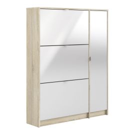 Shoe cabinet w. 3 tilting doors and 2 layers + 1 door - Oak structure White high gloss