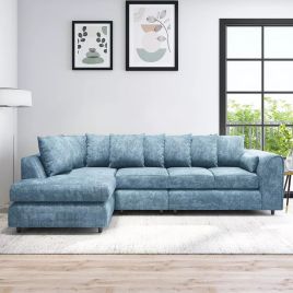 LORVANI Fabric Large 5 Seater L Shaped Scatterback Corner Sofa - Sky Blue, Left Hand Facing