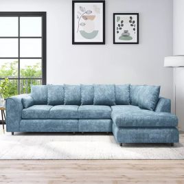 LORVANI Fabric Large 5 Seater L Shaped Scatterback Corner Sofa - Sky Blue, Right Hand Facing