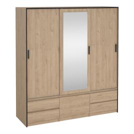 Sliding Wardrobe - LACOSTE 3 Doors Mirrored Wardrobe Jackson Hickory Oak 181cm