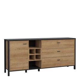 Broxtowe Matt Black Metal Frame Large Sideboard with 3 Drawer and Door - Riviera Oak