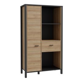 Broxtowe Matt Black Metal Frame Wide Shelf Unit with Door, Drawer and Shelves - Riviera Oak