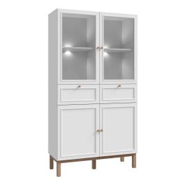 WOFUS Display Cabinet with 2 Doors 2 Drawers and 2 Glass Doors in Light Grey and Oak inc LED Lighting