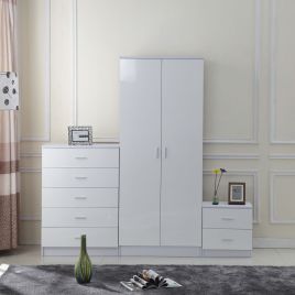 3PC High Gloss Wardrobe Set Wardrobe Chest and Bedside - White
