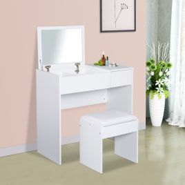 Flip Up 1 Drawer Dressing Table and Stool Set - Natural Wood or White - White