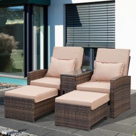 Rattan Reclining Companion Lounge Chair & Stools - Brown