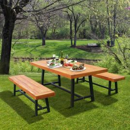 Garden 3 Pieces Acacia Wood Picnic Table and 2 Benches 