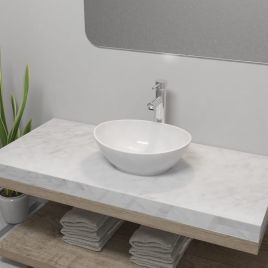 Bathroom Basin with Mixer Tap Ceramic Oval White