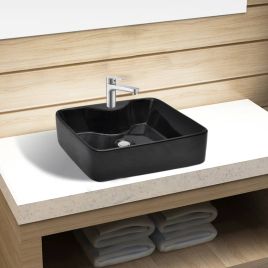 Ceramic Bathroom Sink Basin with Faucet Hole Black Square