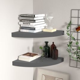 Floating Corner Shelves 2 pcs High Gloss Grey 35x35x3.8 cm MDF