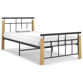 Bed Frame Metal and Solid Oak Wood 90x200 cm