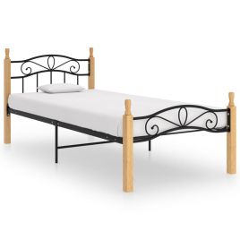 Bed Frame Black Metal and Solid Oak Wood 90x200 cm