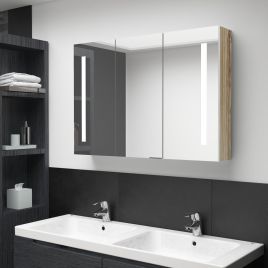 LED Bathroom Mirror Cabinet 89x14x62cm White and Oak