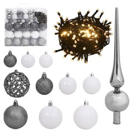 Briet 120 Piece Christmas Ball Set with Peak and 300 LEDs White and Gey