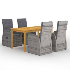 5 Piece Garden Dining Set with Cushions Grey Poly Rattan - vid-3095278