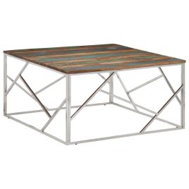 Coffee Table Silver Stainless Steel and Solid Wood Reclaimed - vid-349960