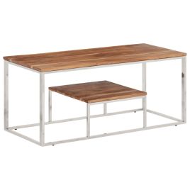 Coffee Table Silver Stainless Steel and Solid Wood Acacia - vid-350023