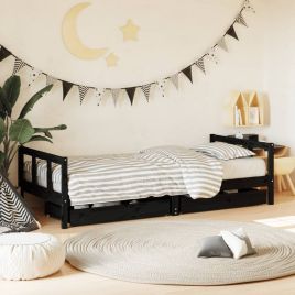 Kids Bed Frame with Drawers Black 90x200cm Solid Wood Pine