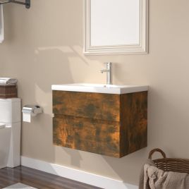 Sink Cabinet with Built-in Basin Smoked Oak Engineered Wood