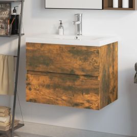 Sink Cabinet with Built-in Basin Smoked Oak Engineered Wood