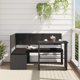 Garden Sofa with Table and Cushions L-Shaped Black Poly Rattan - vid-362347