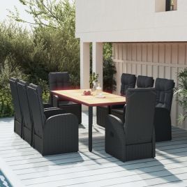 9 Pcs Garden Dining Set Black Poly Rattan and Solid Wood Acacia
