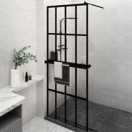 Walk-in Shower Wall with Shelf Black 80x195cm ESG Glass and Aluminium