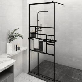 Walk-in Shower Wall with Shelf Black 80x195cm ESG Glass and Aluminium