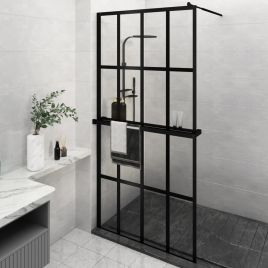Walk-in Shower Wall with Shelf Black 118x190cm ESG Glass and Aluminium
