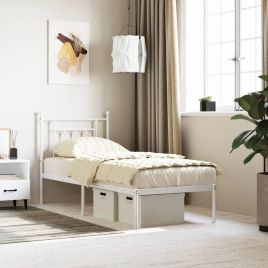 Metal Bed Frame with Headboard White 75x190 cm