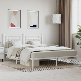 Metal Bed Frame with Headboard White 180x200 cm Super King