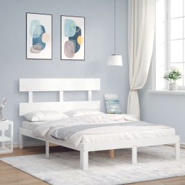 Bed Frame with Headboard White Small Double Solid Wood